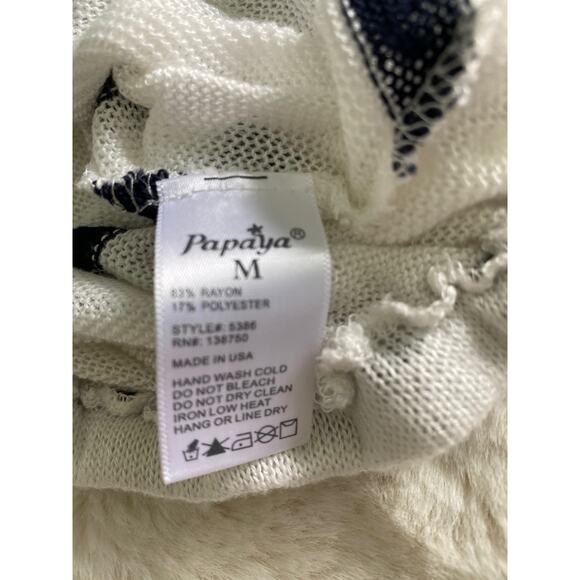 Papaya Semi Sheer Coastal Open Knit Black White Stripe Dolman 1/2 Sleeve Top Med - Picture 9 of 10